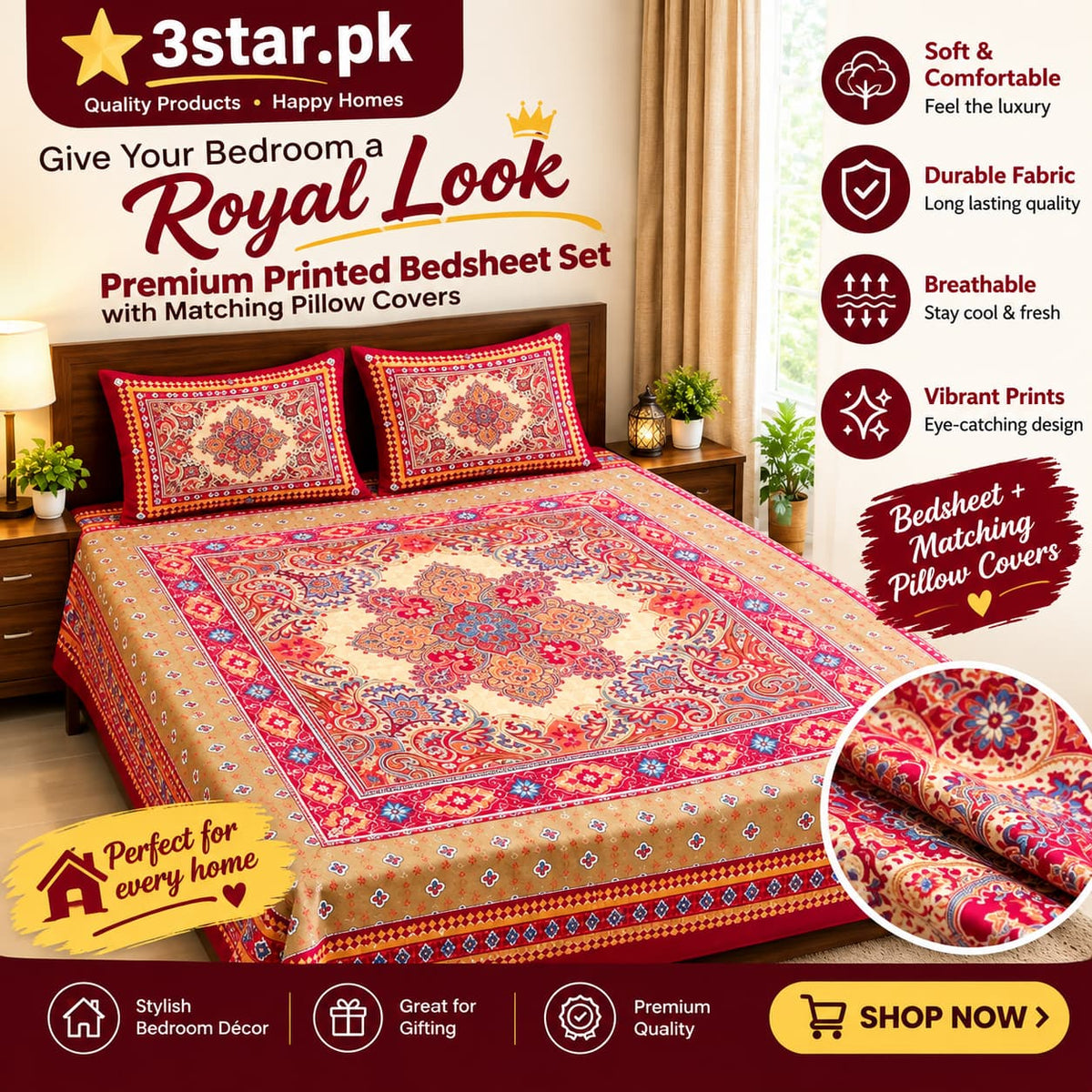 Premium Printed Bedsheet Set with Matching Pillow Covers | Soft & Comfortable Bed Sheet
