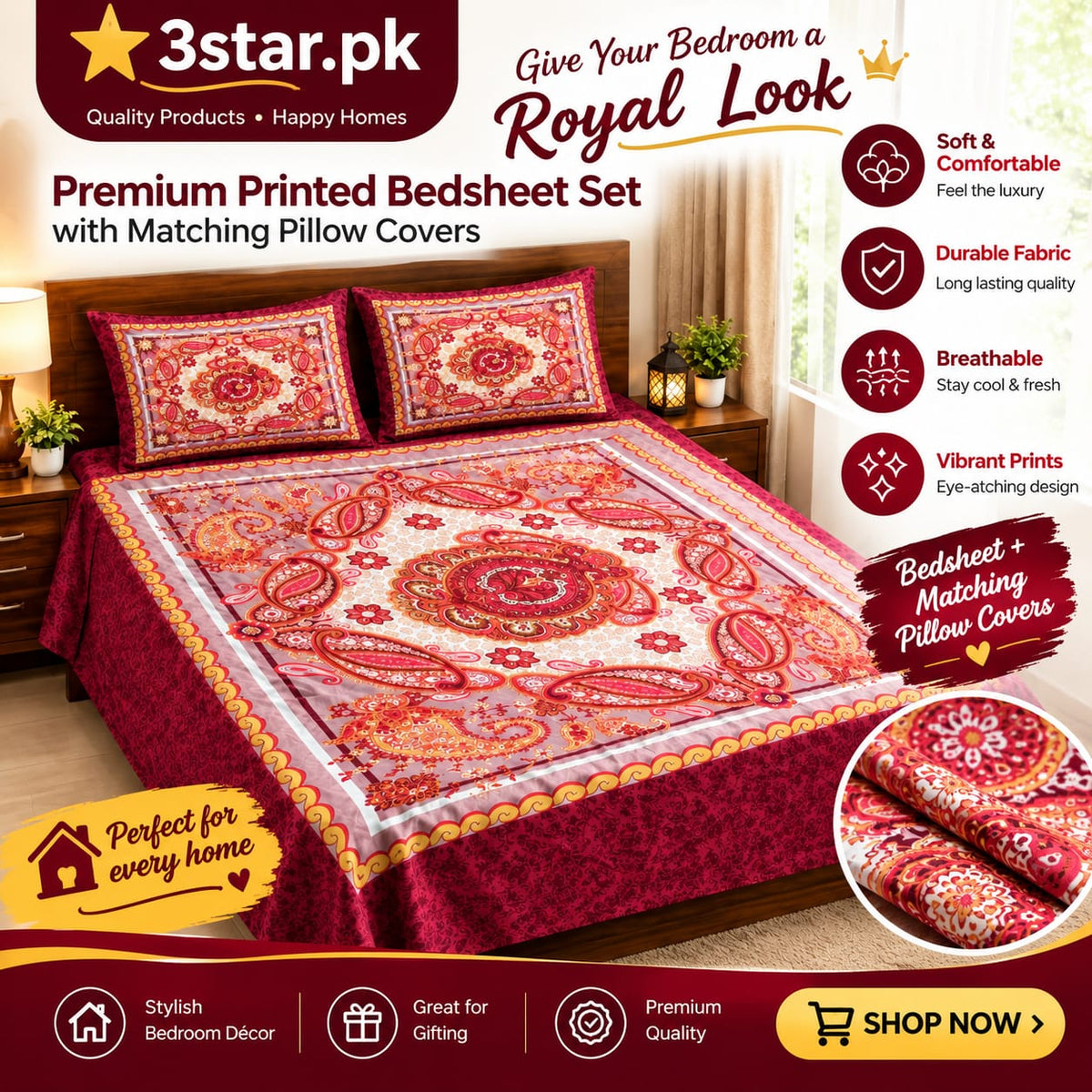 Premium Printed Bedsheet Set with Matching Pillow Covers | Soft & Comfortable Bed Sheet