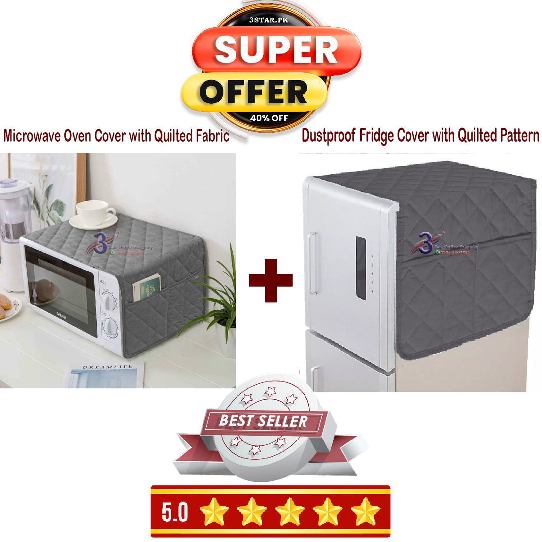Quilted Microwave Oven & Fridge Cover Combo Set  Dustproof Kitchen Appliance Covers
